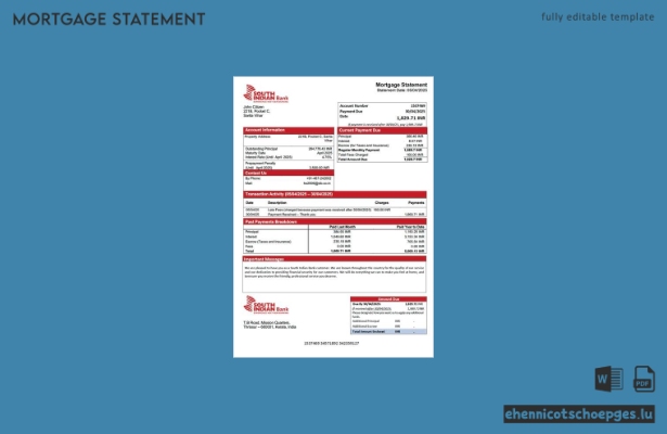 India South Indian Bank Hypothekenabrechnung Word- und PDF-Beispielvorschau